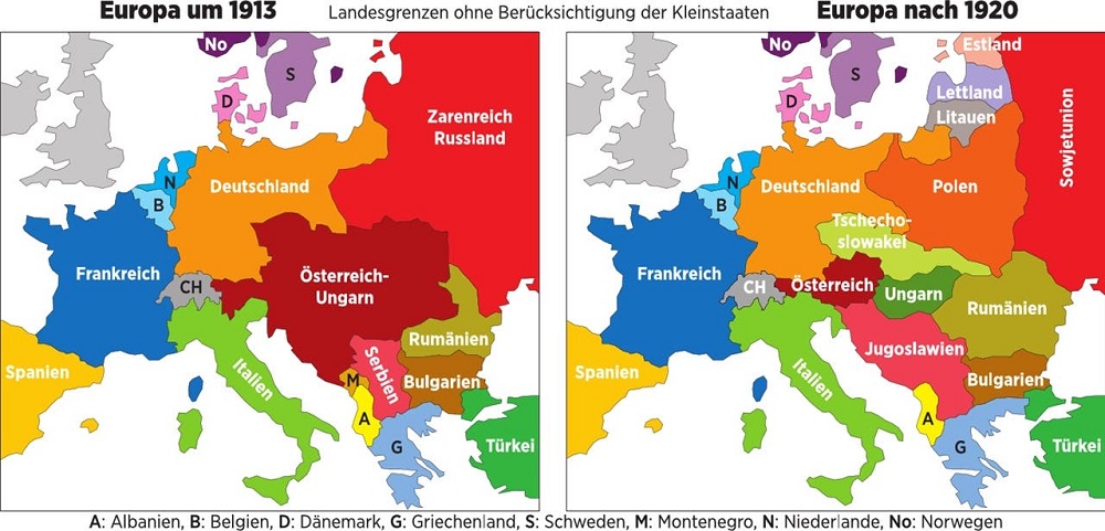 Landkarte von Europa vor und nach dem Ersten Weltkrieg